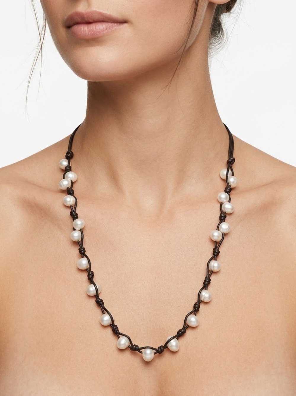 J Crew Minimalist Pearl Bead Necklace - White Pearls on Brown Cord